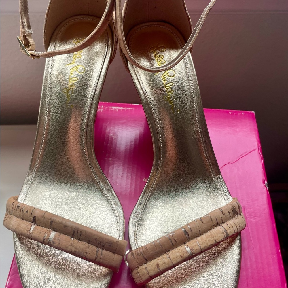 Lilly Pulitzer Jenna Sandal Wedges w/delicate ankle strap in Natural cork!NWT.